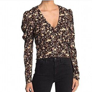 AFRM Dark Floral Puff Sleeve Smocked Waist Cropped Boho Faux Wrap Top